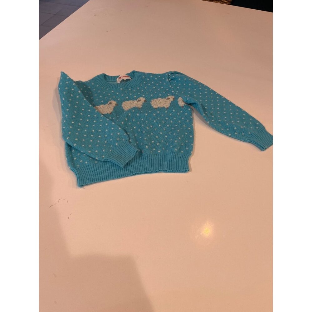 Vintage Kids Grand Knitwear Blue Sheep Sweater With White Polka Dots 100% Acryli